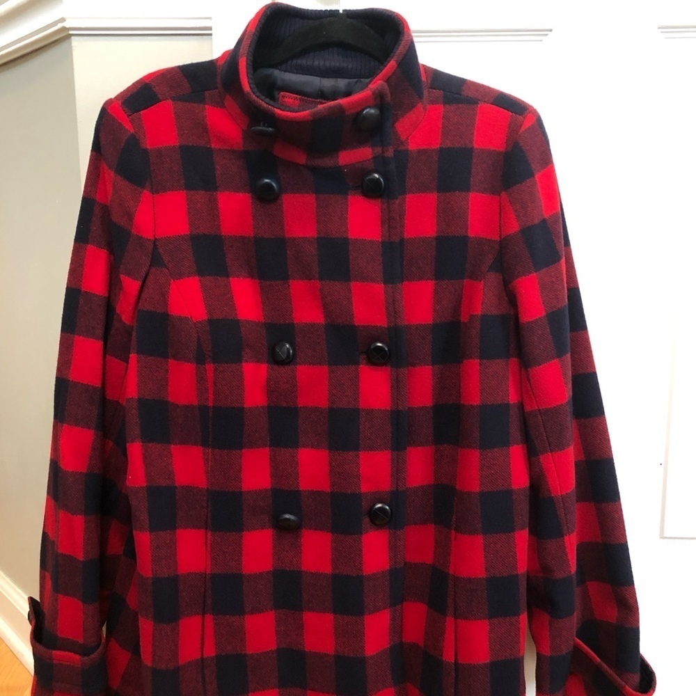 Talbots Red and Navy Checkered Pea Coat - Picture 2 of 7